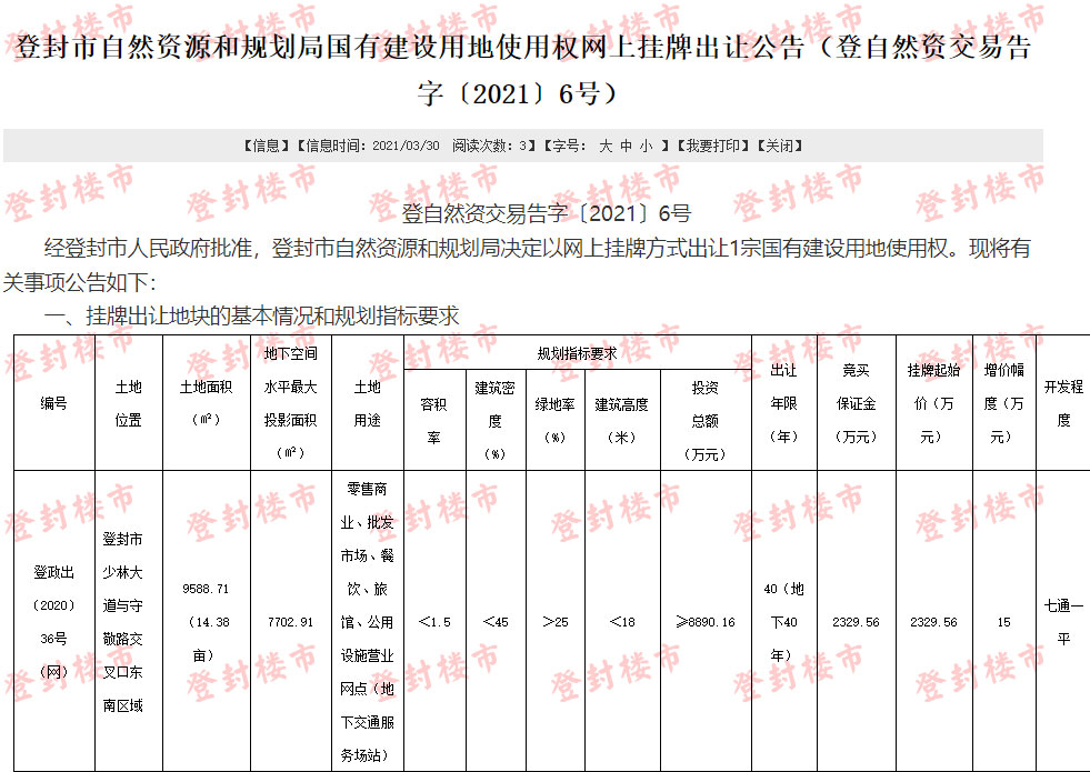 季尾土拍预告！登封2021年3月再发土拍，本季度第11宗！